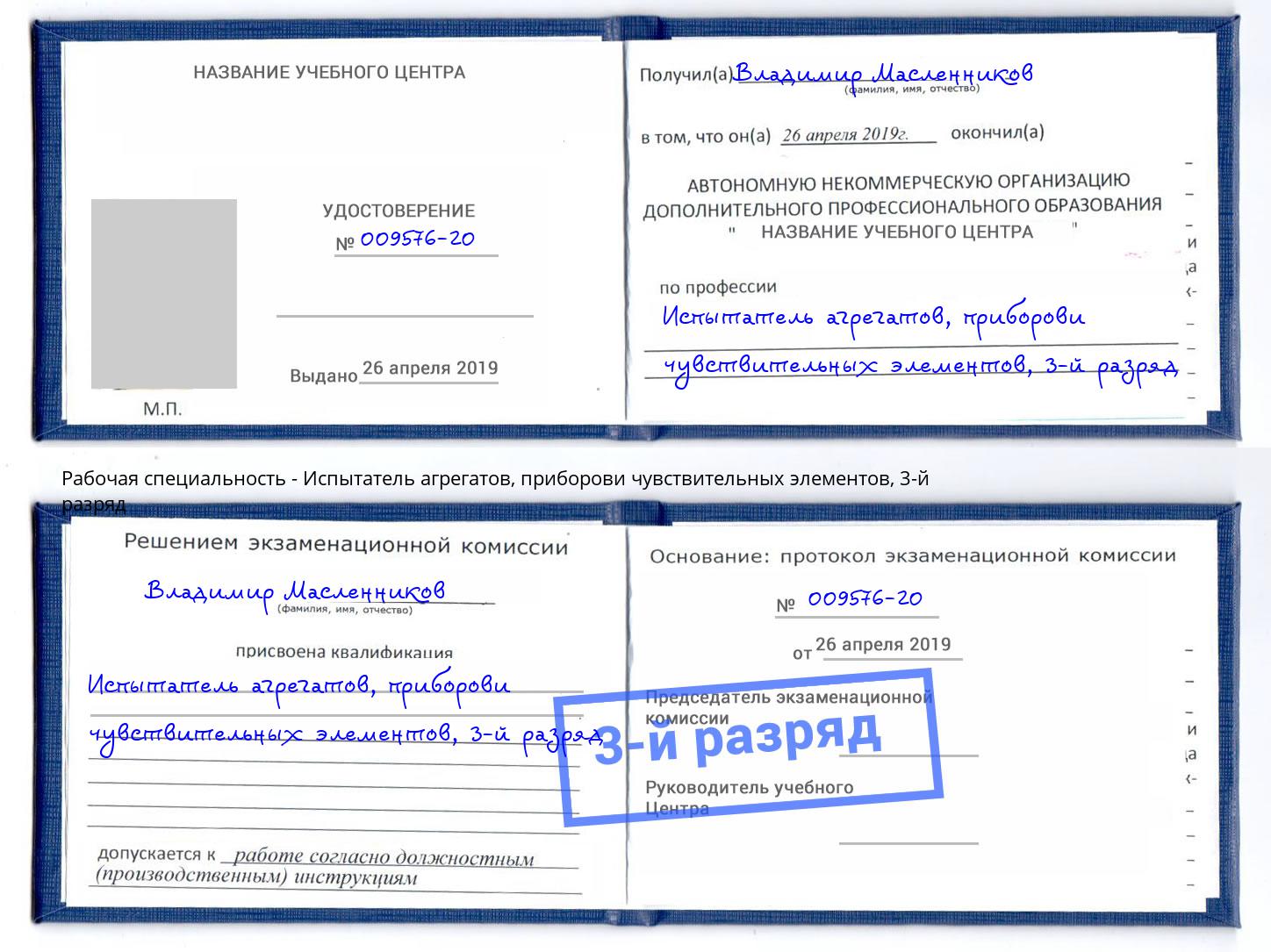 корочка 3-й разряд Испытатель агрегатов, приборови чувствительных элементов Каменск-Шахтинский