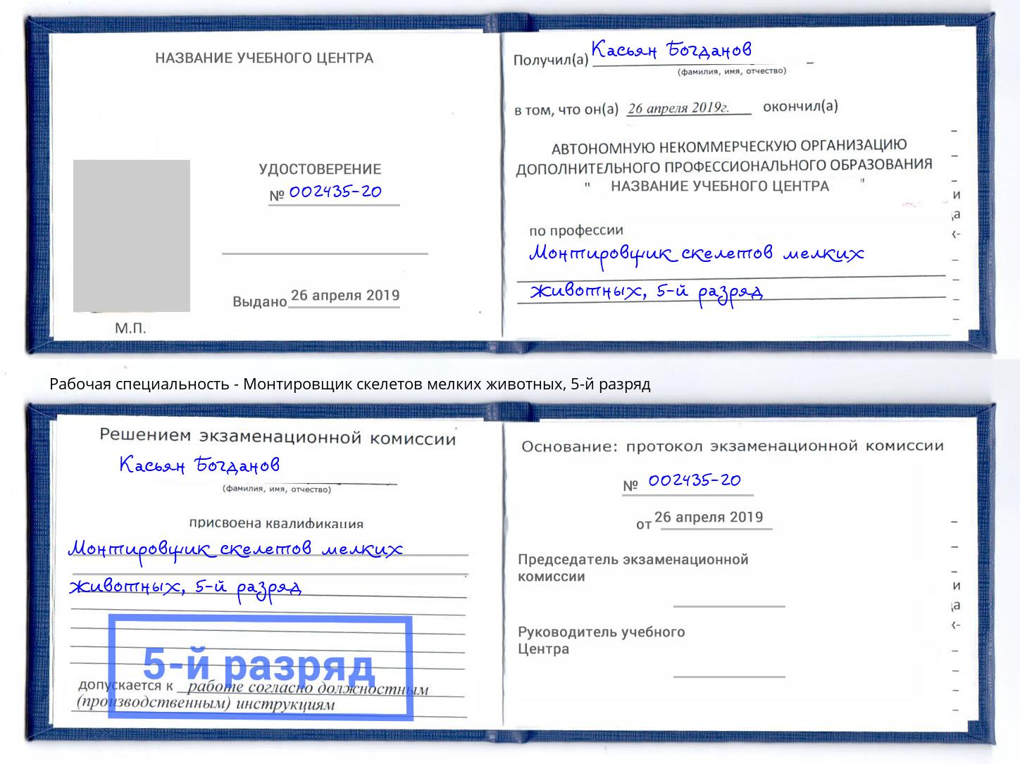 корочка 5-й разряд Монтировщик скелетов мелких животных Каменск-Шахтинский
