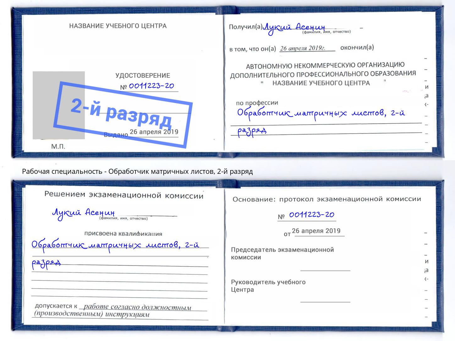 корочка 2-й разряд Обработчик матричных листов Каменск-Шахтинский